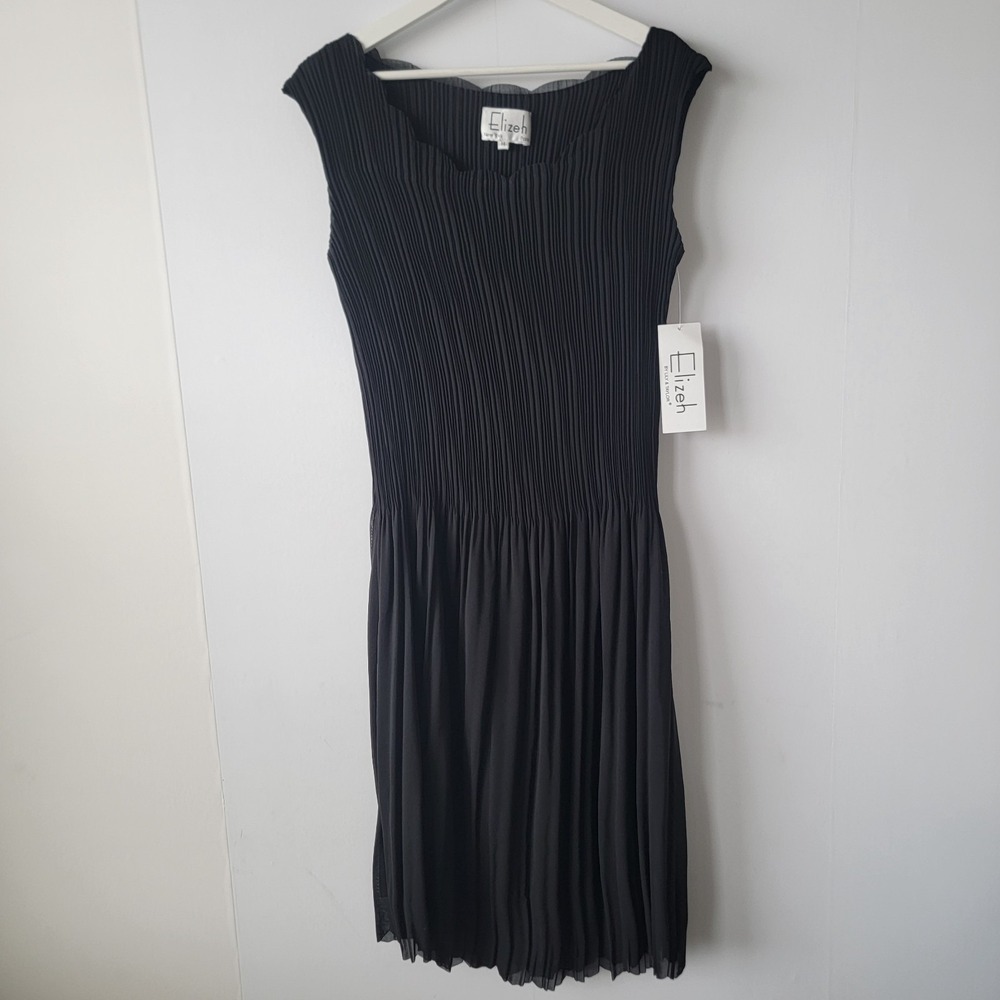 Elizeh lily & taylor womens black pleated sleeveless cocktail midi dress sz 14